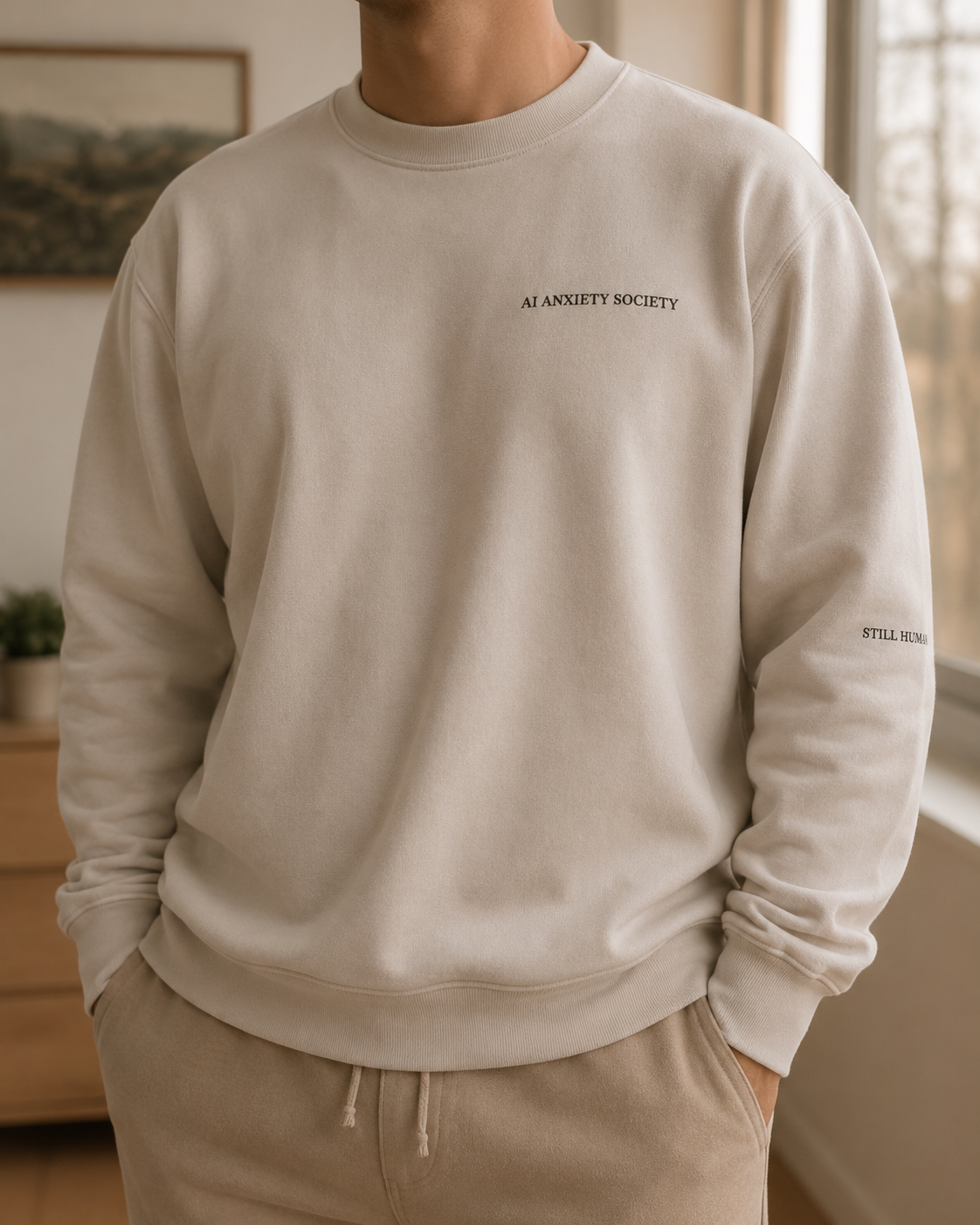 Man wearing Still Human AI Anxiety Society Crewneck