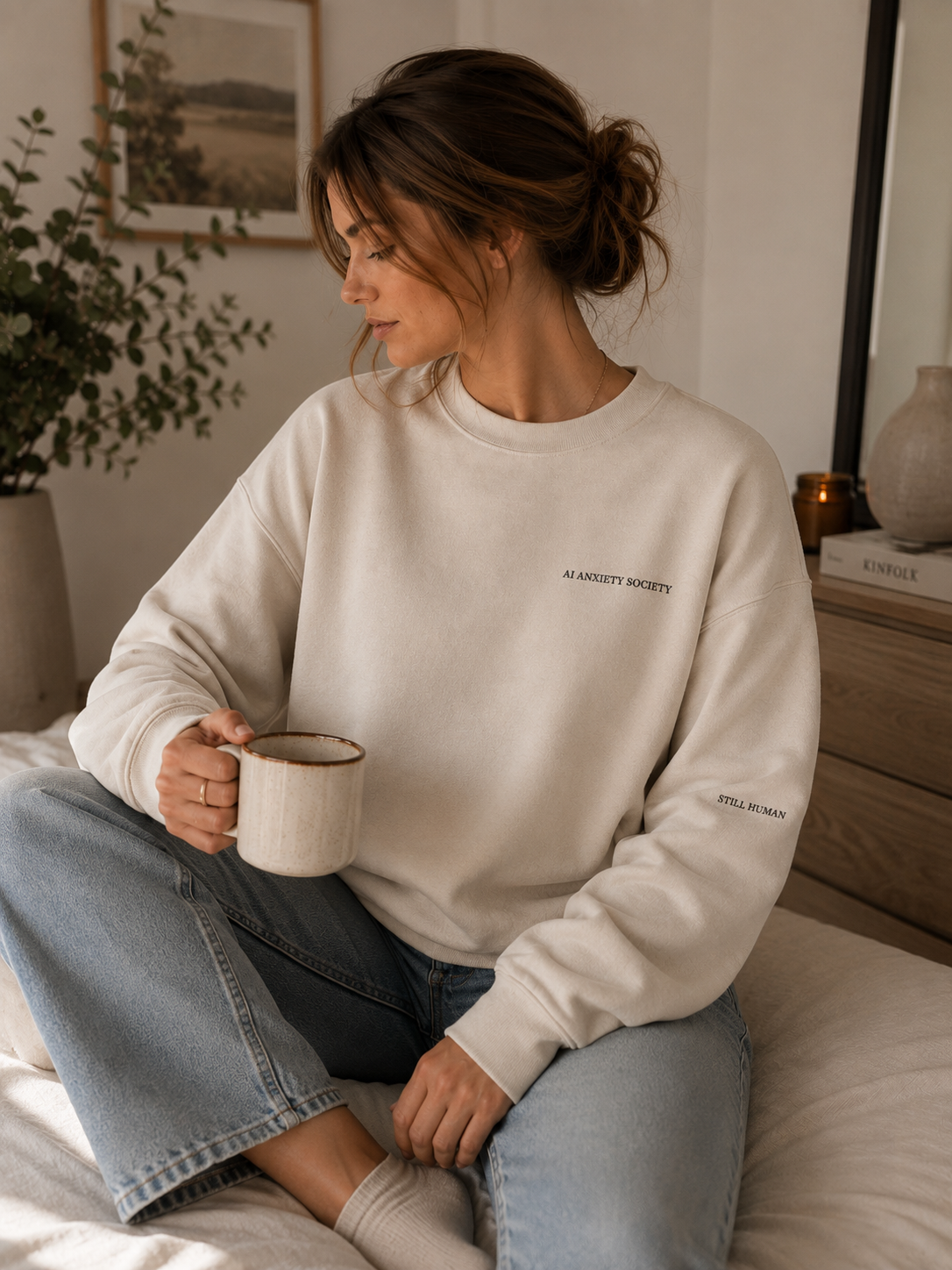 Female Model wearing Still Human AI Anxiety Sweatshirt by AI Anxiety Society