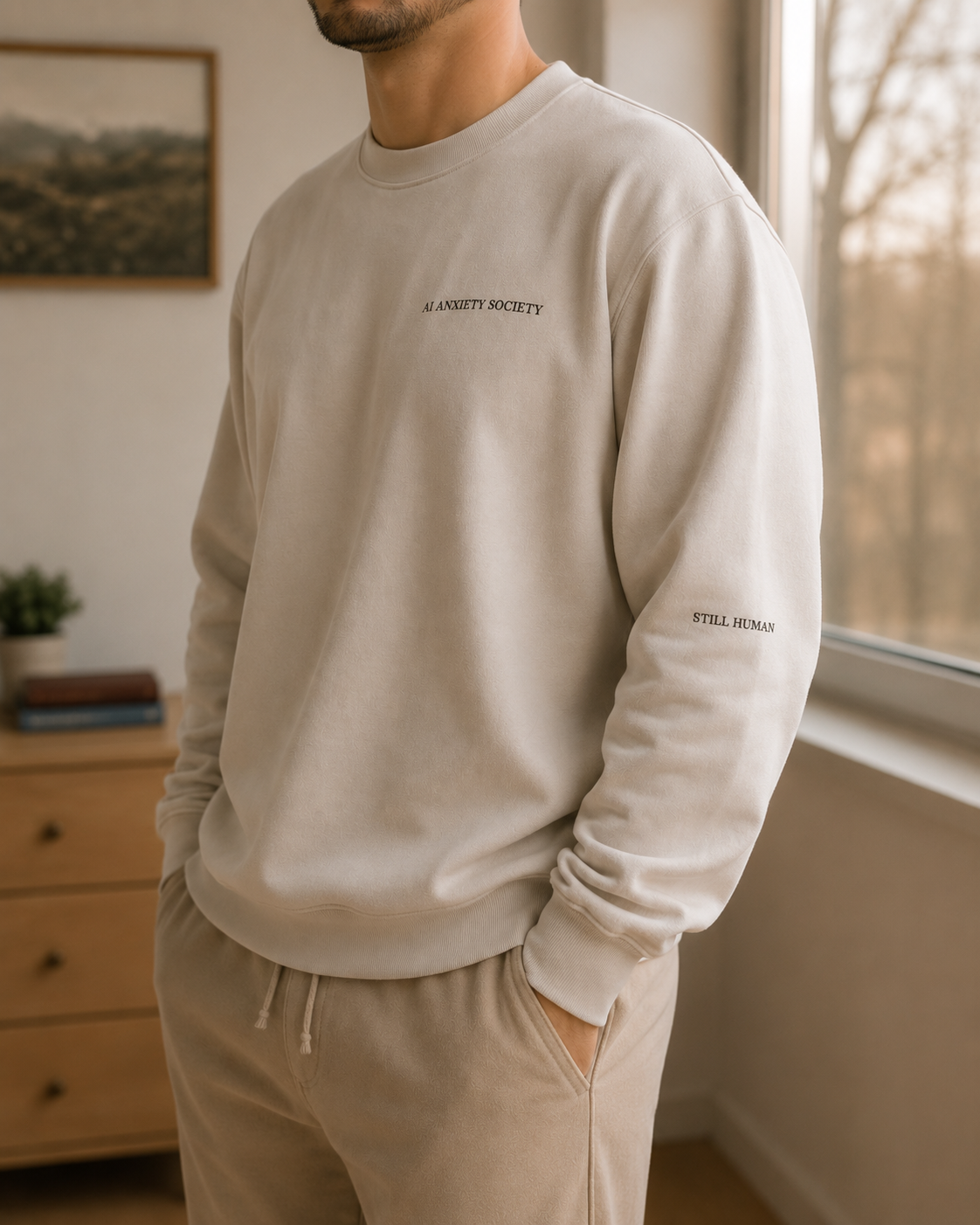 Male Model wearing Still Human Ai Anxiety Sweatshirt in side view