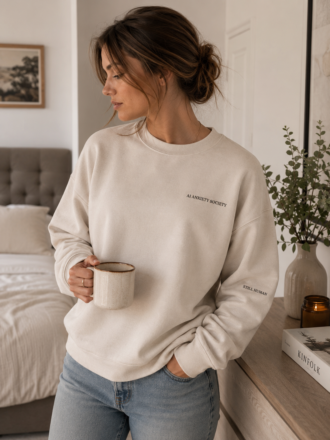 Woman Models standing and wearing Still Human AI Anxiety Sweatshirt